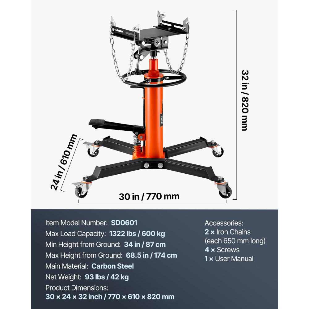 VEVOR Transmission Jack, 600 kg Hydraulic Telescoping Transmission Jack, 81 -170 cm High Lift Floor Jack Stand with Foot Pedal, 360° Swivel Wheel, Hydraulic Transmission Jack Garage/Shop Lift Hoist