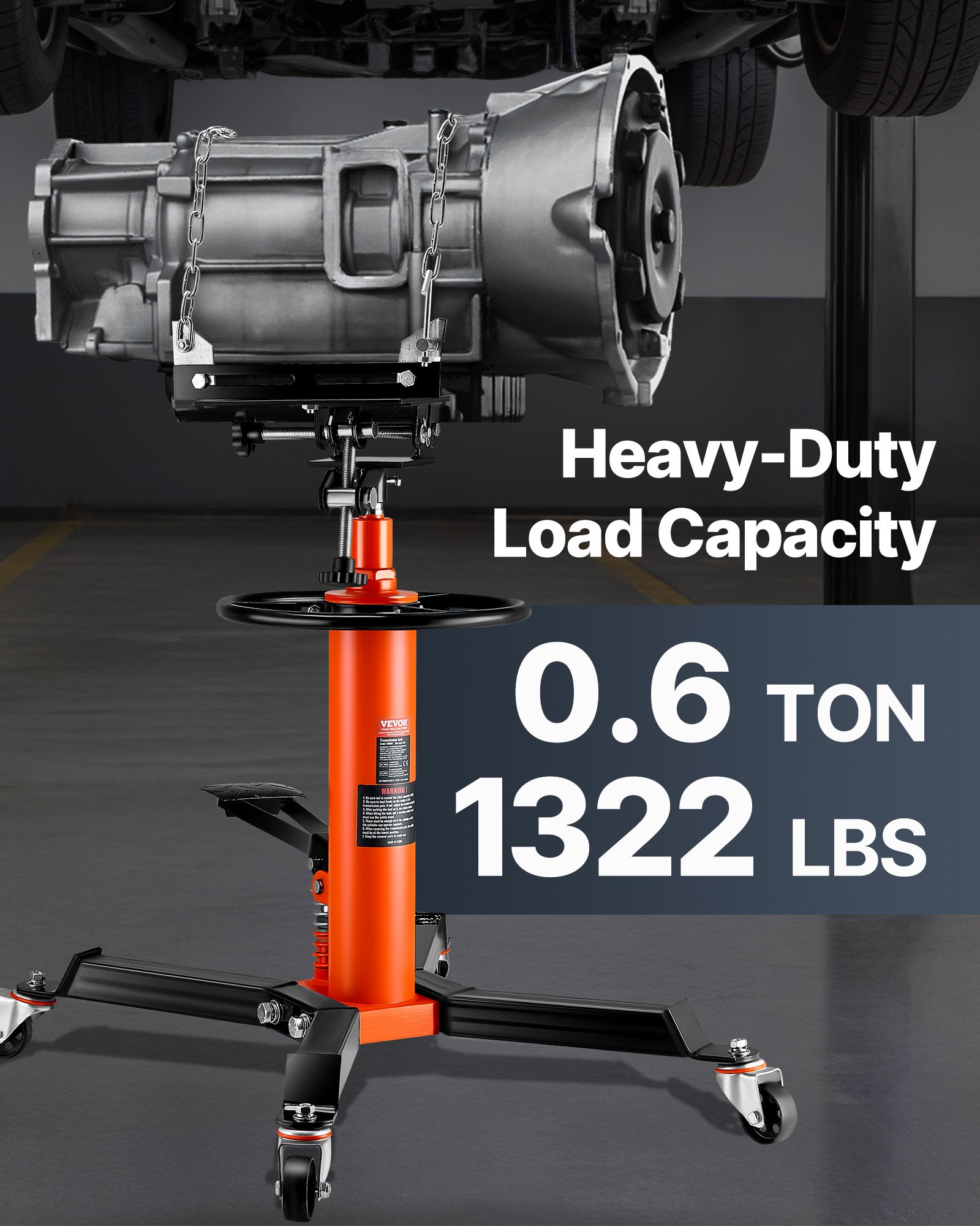 VEVOR Transmission Jack, 600 kg Hydraulic Telescoping Transmission Jack, 81 -170 cm High Lift Floor Jack Stand with Foot Pedal, 360° Swivel Wheel, Hydraulic Transmission Jack Garage/Shop Lift Hoist