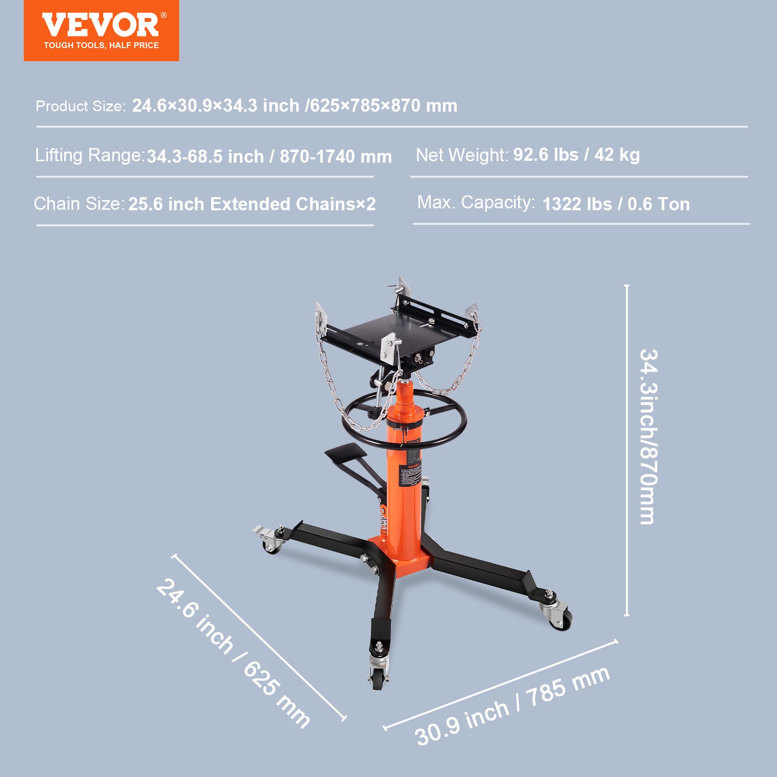 VEVOR Hydraulic Transmission Jack 1322 lbs 360° Swivel Wheels For Car Lift