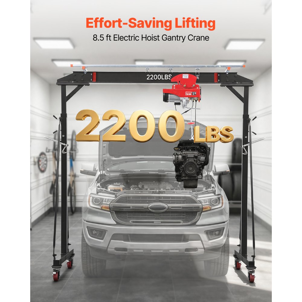 VEVOR Adjustable Gantry Crane, 2200 lbs Capacity, Portable Shop Lift Hoist with 95.7-142.9 in Height Adjustable, Manual Trolley, Electrical Hoist, Sling, Shackles, for Factory Warehouse Auto Repair
