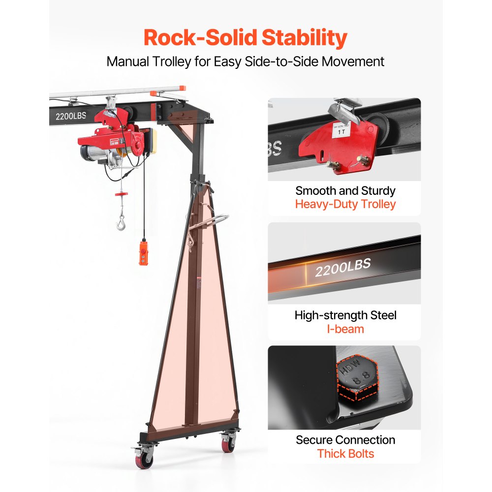 VEVOR Adjustable Gantry Crane, 2200 lbs Capacity, Portable Shop Lift Hoist with 95.7-142.9 in Height Adjustable, Manual Trolley, Electrical Hoist, Sling, Shackles, for Factory Warehouse Auto Repair