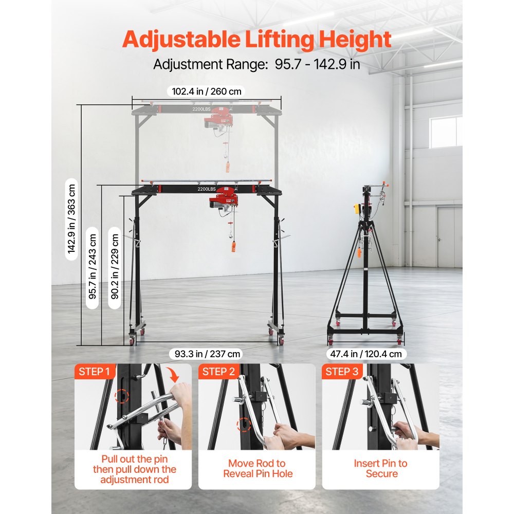 VEVOR Adjustable Gantry Crane, 2200 lbs Capacity, Portable Shop Lift Hoist with 95.7-142.9 in Height Adjustable, Manual Trolley, Electrical Hoist, Sling, Shackles, for Factory Warehouse Auto Repair