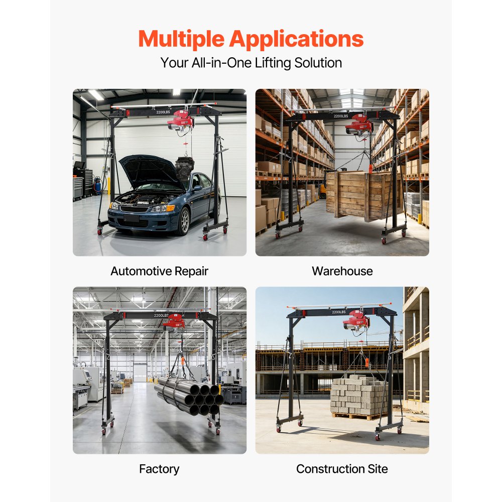 VEVOR Adjustable Gantry Crane, 2200 lbs Capacity, Portable Shop Lift Hoist with 95.7-142.9 in Height Adjustable, Manual Trolley, Electrical Hoist, Sling, Shackles, for Factory Warehouse Auto Repair