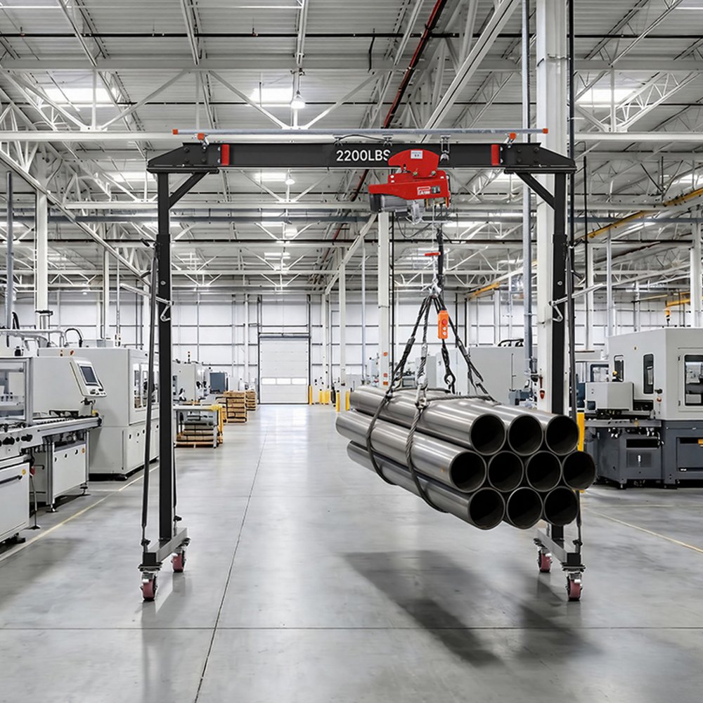 VEVOR Adjustable Gantry Crane, 2200 lbs Capacity, Portable Shop Lift Hoist with 95.7-142.9 in Height Adjustable, Manual Trolley, Electrical Hoist, Sling, Shackles, for Factory Warehouse Auto Repair