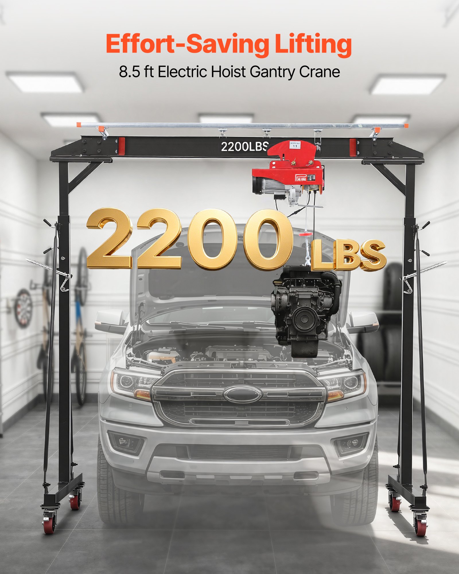 VEVOR Adjustable Gantry Crane, 2200 lbs Capacity, Portable Shop Lift Hoist with 95.7-142.9 in Height Adjustable, Manual Trolley, Electrical Hoist, Sling, Shackles, for Factory Warehouse Auto Repair