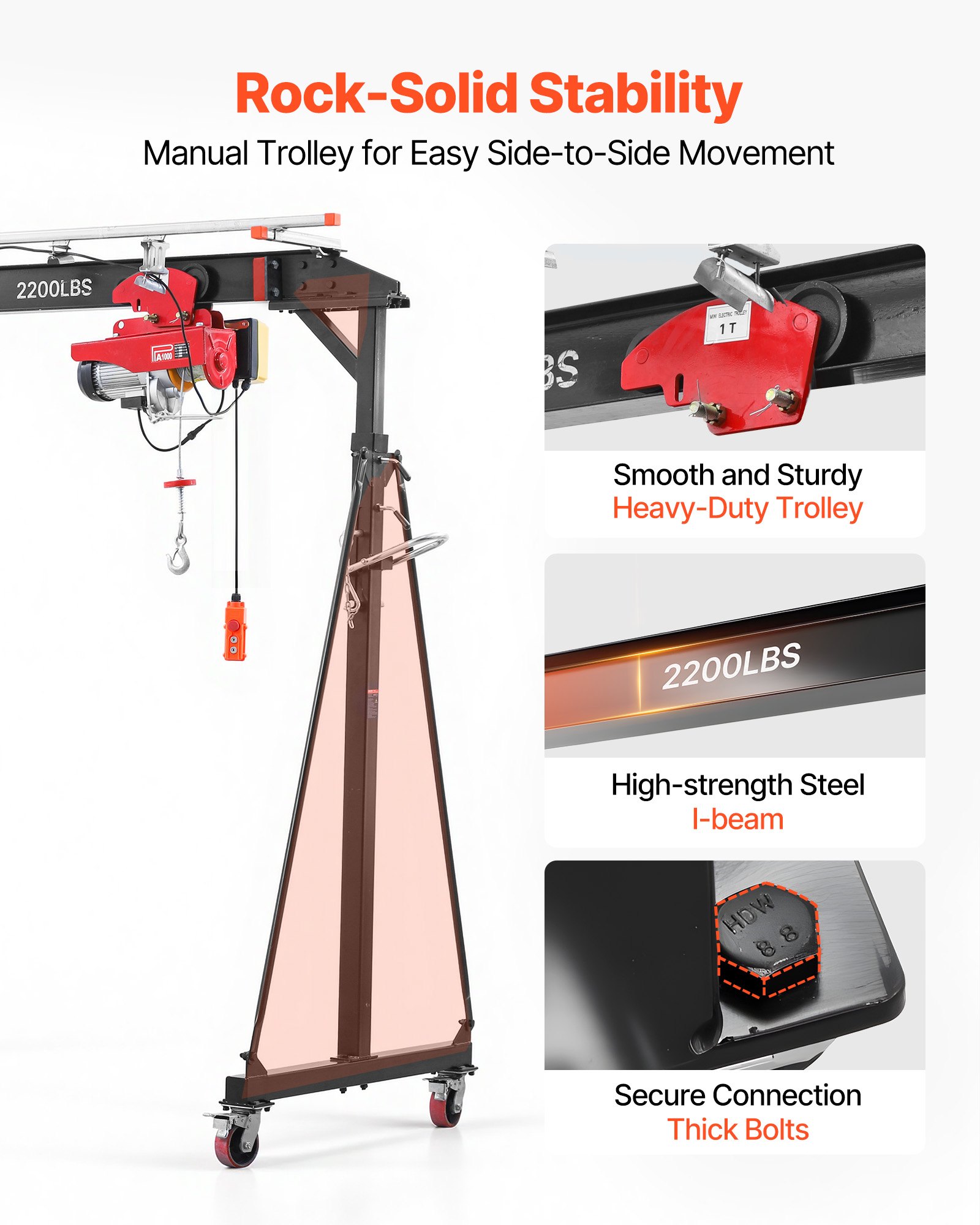 VEVOR Adjustable Gantry Crane, 2200 lbs Capacity, Portable Shop Lift Hoist with 95.7-142.9 in Height Adjustable, Manual Trolley, Electrical Hoist, Sling, Shackles, for Factory Warehouse Auto Repair