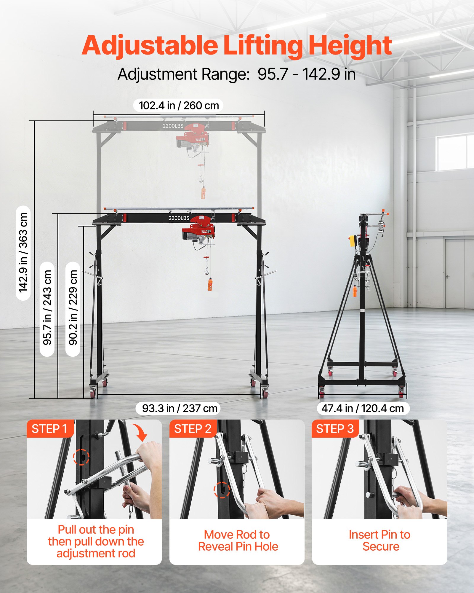 VEVOR Adjustable Gantry Crane, 2200 lbs Capacity, Portable Shop Lift Hoist with 95.7-142.9 in Height Adjustable, Manual Trolley, Electrical Hoist, Sling, Shackles, for Factory Warehouse Auto Repair
