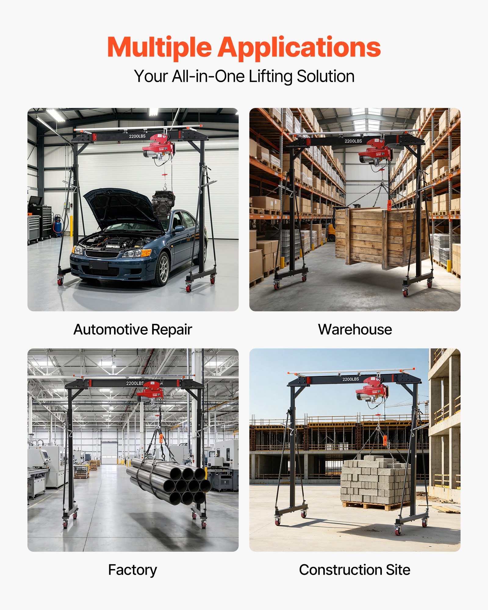 VEVOR Adjustable Gantry Crane, 2200 lbs Capacity, Portable Shop Lift Hoist with 95.7-142.9 in Height Adjustable, Manual Trolley, Electrical Hoist, Sling, Shackles, for Factory Warehouse Auto Repair