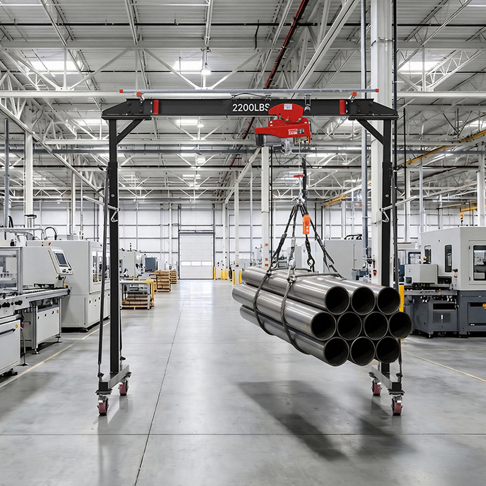VEVOR Adjustable Gantry Crane, 2200 lbs Capacity, Portable Shop Lift Hoist with 95.7-142.9 in Height Adjustable, Manual Trolley, Electrical Hoist, Sling, Shackles, for Factory Warehouse Auto Repair