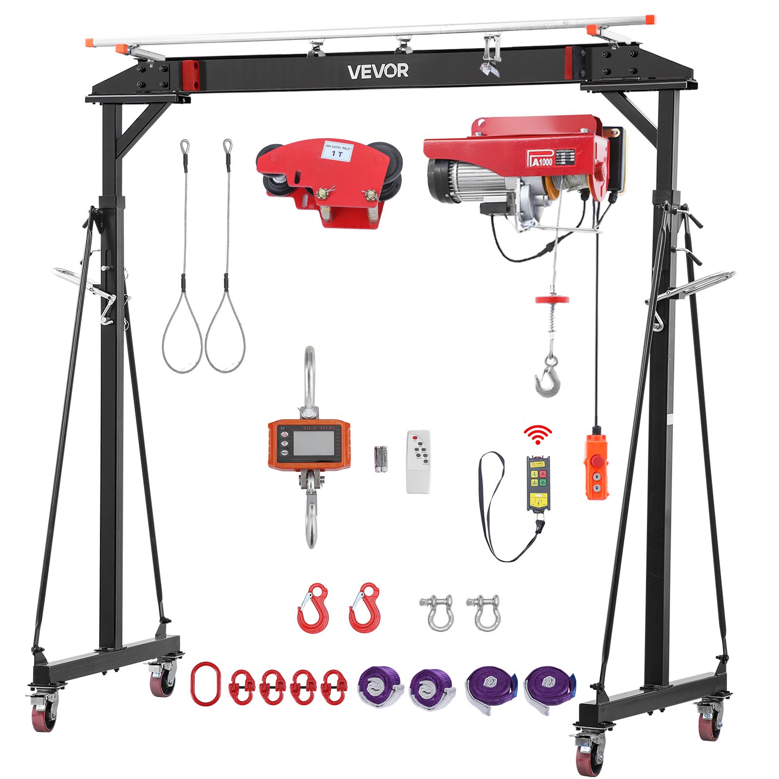 VEVOR Adjustable Gantry Crane, 2200 lbs Capacity, Portable Shop Lift Hoist with 95.7-142.9 in Height Adjustable, Manual Trolley, Electrical Hoist, Sling, Shackles, for Factory Warehouse Auto Repair