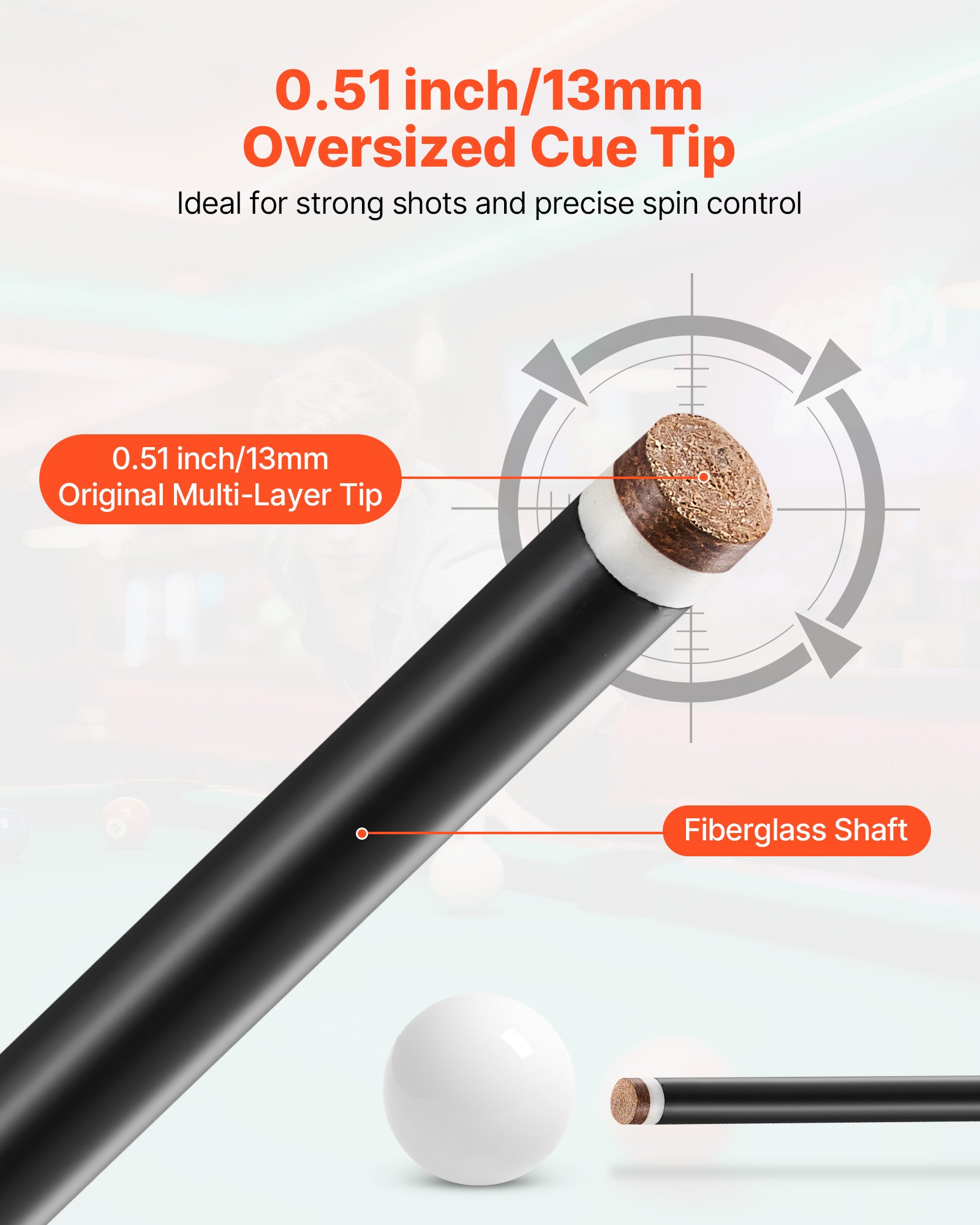 VEVOR Pool Cue, 1 Piece Pool Stick, 58 inch & 21 oz Fiberglass Titanium Composite Billiard Pools Cue Stick with Multi-Layer Tip, Cues Sticks for Professional Pool Table, Bar, Home Pool Games, Office