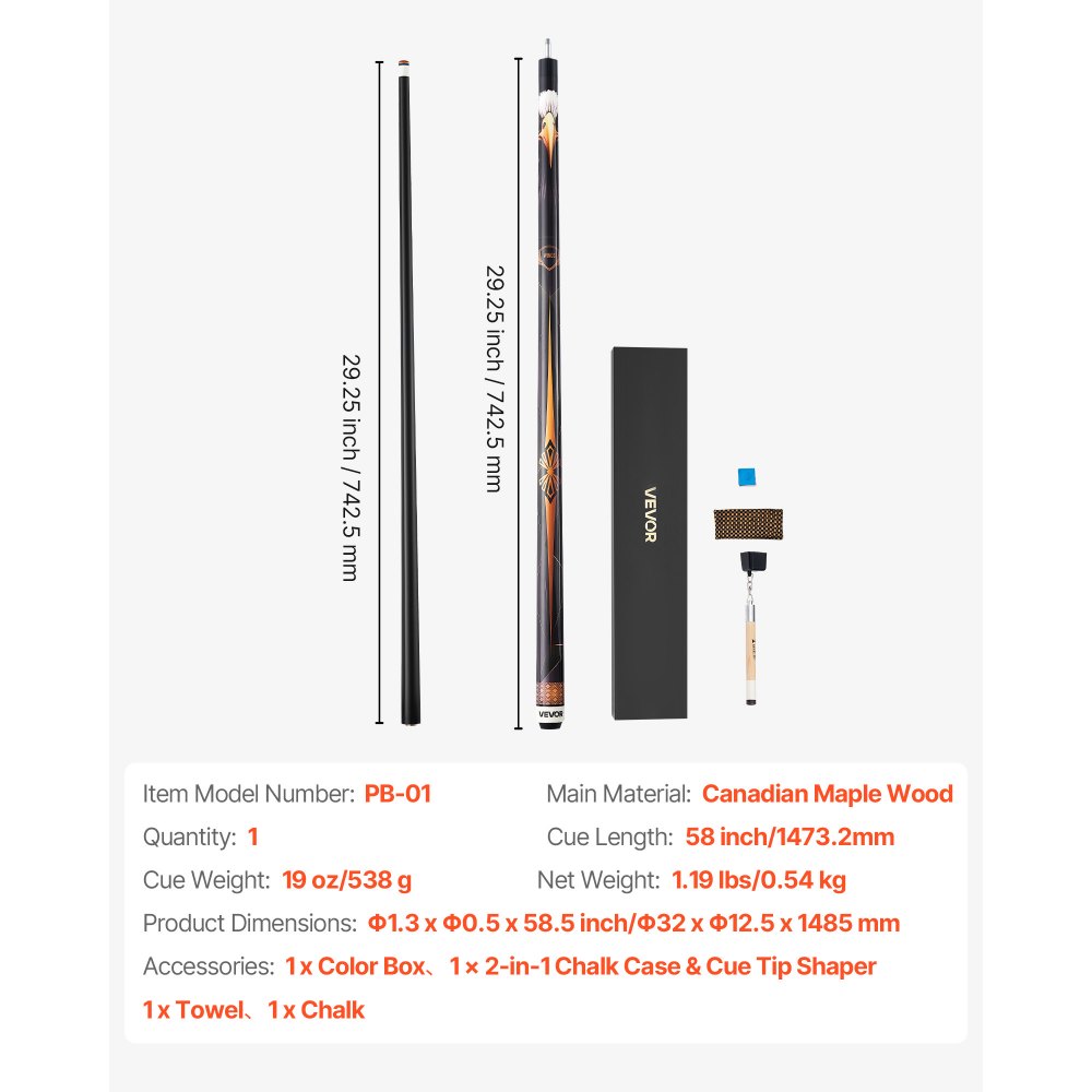VEVOR Biljardkö, 1 st. biljardkö, 1473,2 mm och 538 g kanadensisk lönnträ, biljardkö med flerskiktsspets och ABS-kopplingsring, biljardköer för professionellt biljardbord, bar, hem, kontor