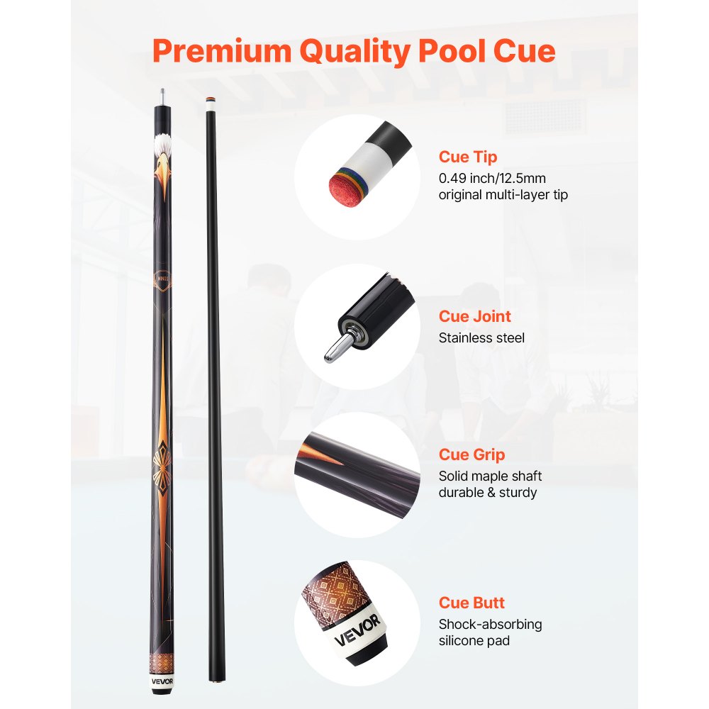 VEVOR Pool Cue, 1 Piece Pool Stick, 58 inch & 19 oz Canadian Maple Wood Billiard Pools Cue Stick with Multi-Layer Tip & ABS Connection Ring, Cues Sticks for Professional Pool Table, Bar, Home, Office