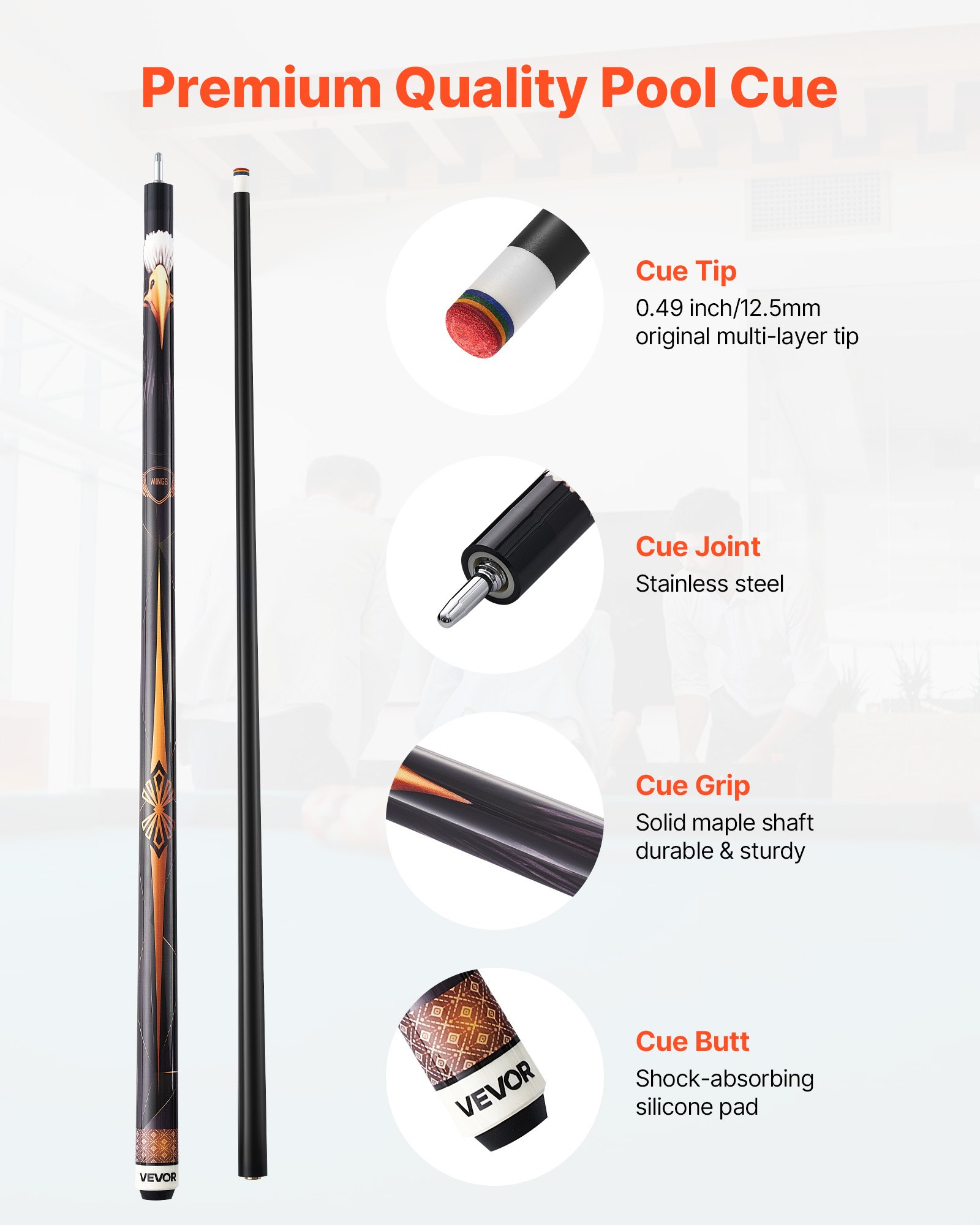 VEVOR Pool Cue, 1 Piece Pool Stick, 58 inch & 19 oz Canadian Maple Wood Billiard Pools Cue Stick with Multi-Layer Tip & ABS Connection Ring, Cues Sticks for Professional Pool Table, Bar, Home, Office