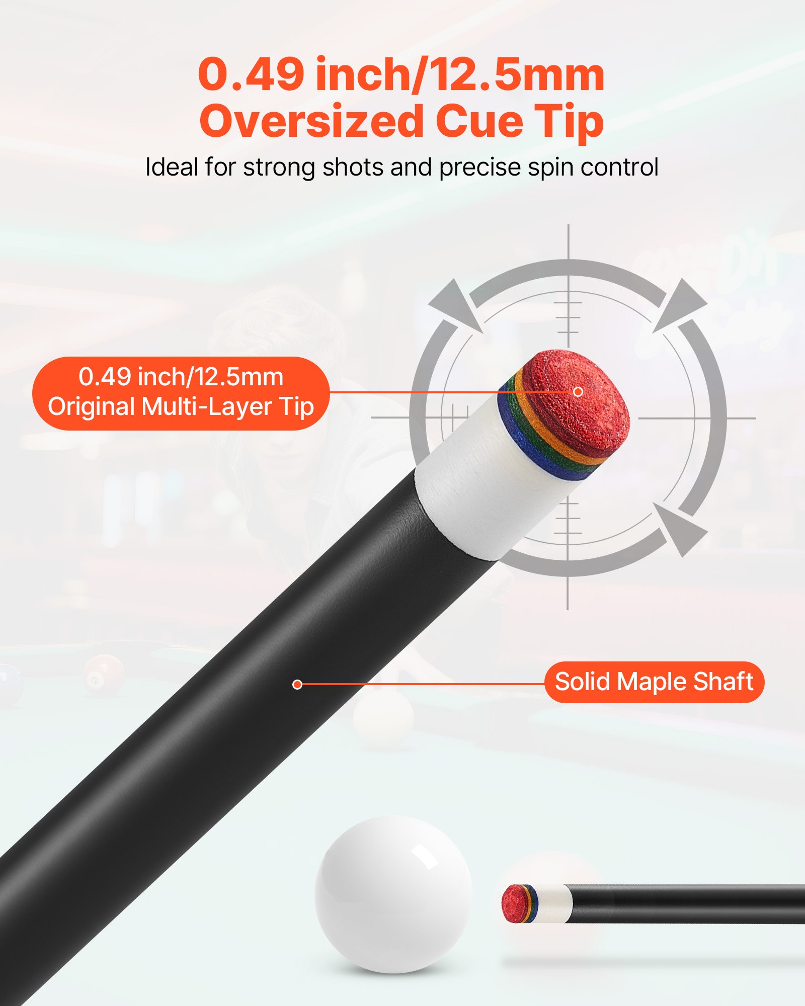 VEVOR Pool Cue, 1 Piece Pool Stick, 58 inch & 19 oz Canadian Maple Wood Billiard Pools Cue Stick with Multi-Layer Tip & ABS Connection Ring, Cues Sticks for Professional Pool Table, Bar, Home, Office