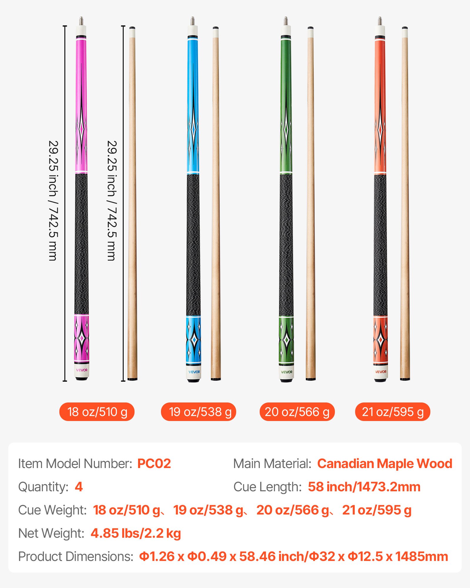 VEVOR Pool Cue, 4 Pieces Pool Stick, 1473.2mm Canadian Maple Wood Billiard Pools Stick with ABS Connection Ring, Cues Sticks for Professional Pool Table, Bar, Home, Office, 510g, 538g, 566g, 595g