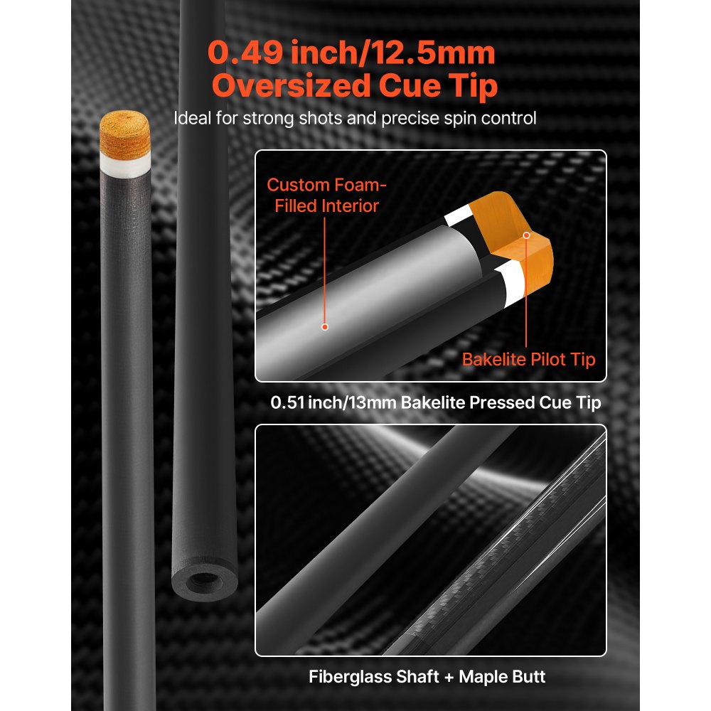 VEVOR Pool Cue, 1 Piece Pool Stick, 58 inch & 19 oz Carbon Fiber Billiard Pools Cue Stick with Bakelite Pressed Cue Tip & ABS Connection Ring, Cues Sticks for Professional Pool Table, Bar, Home,Office