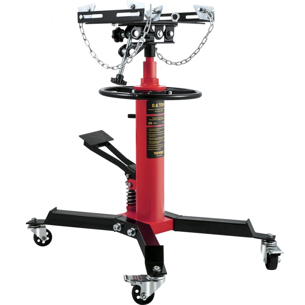 VEVOR transmission jack with adjustable saddle, chains, and foot pedal on four swivel casters.