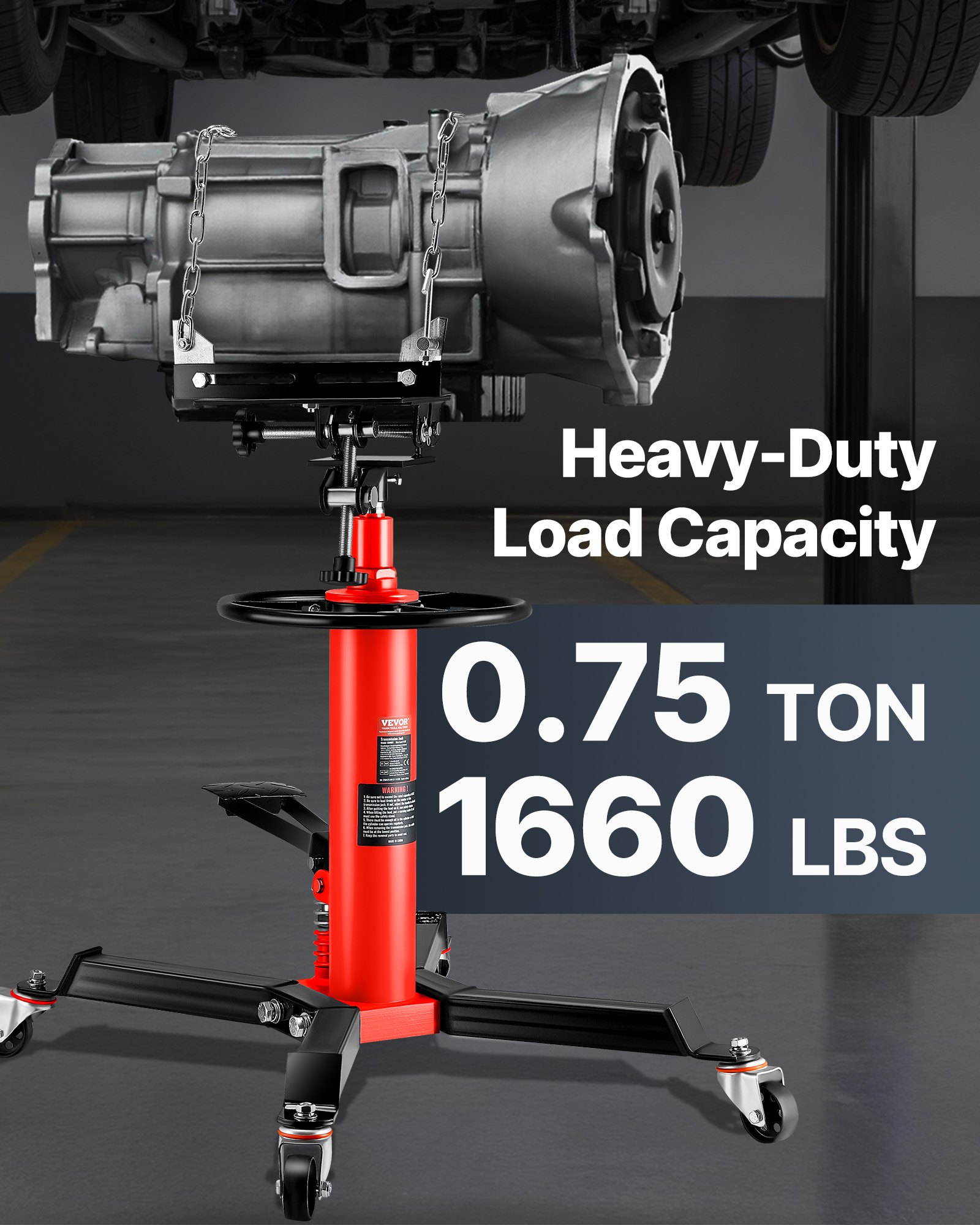 VEVOR Transmission Jack,0.75 Ton/1660 lbs Capacity Hydraulic Telescopic Transmission Jack, 2-Stage Floor Jack Stand with Foot Pedal, 360° Swivel Wheel, Garage/ Shop Lift Hoist, Red