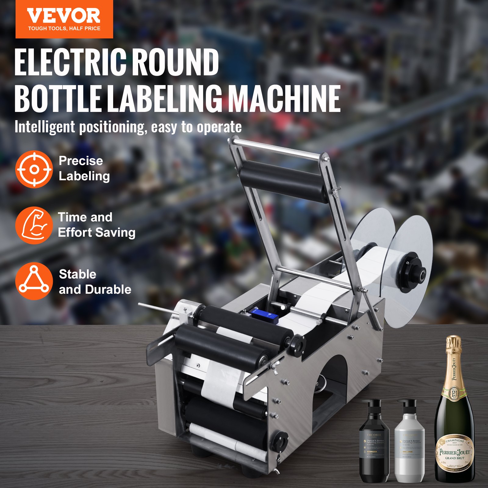 VEVOR MT-50 Semi-Automatic Round Bottle Labeling Machine, Adjustable Bottle Labeler 50pcs/min Label Applicator for Bottles 12-90mm