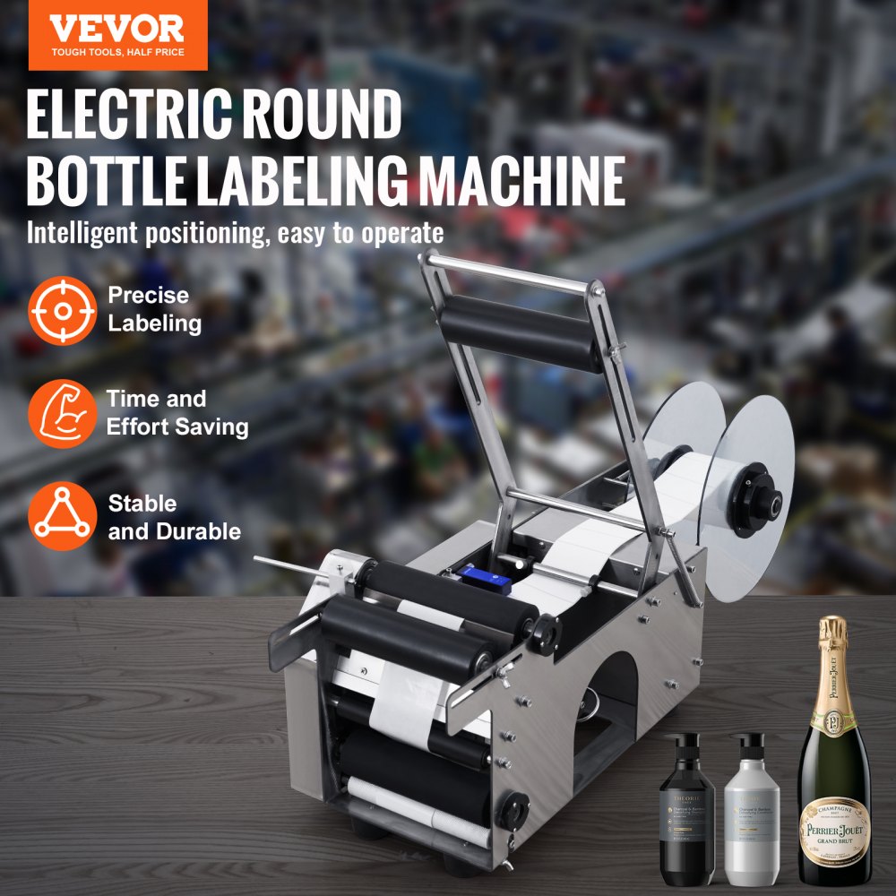 VEVOR Semi-Automatic Round Labeling Machine, 20-50pcs/min, Electric Bottle Label Applicator for Round Bottles, Round Bottle Labeler Suitable for Round Bottle Diameter 20-120 mm (with Pressing Bar)