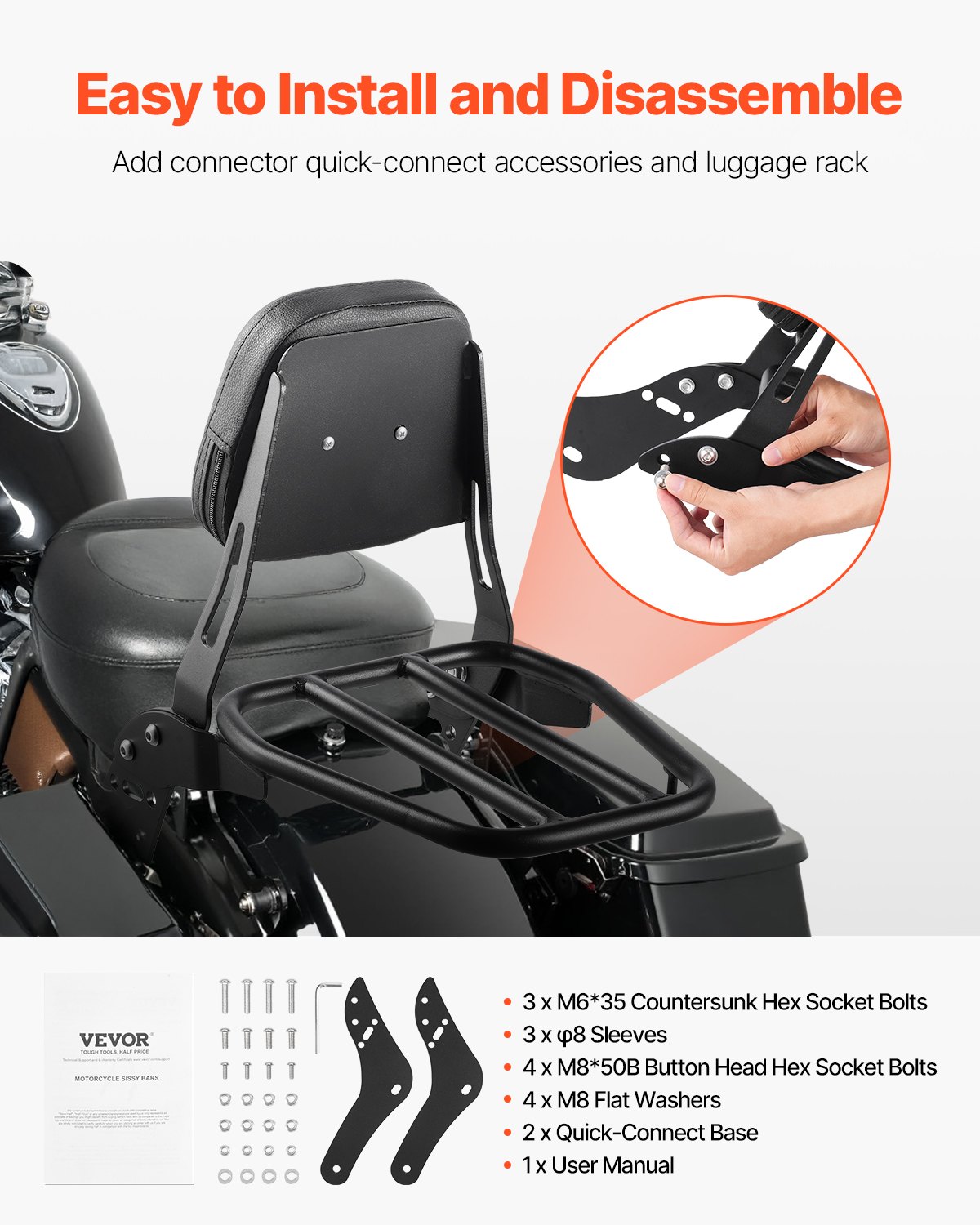 VEVOR Motorcycle Backrest Sissy Bar with Luggage Rack, Compatible With Honda Rebel CMX 1100 2021-2022, 445mm Height, Detachable Passenger Backrest, Metal Frame and Leather Rear Pad, Black