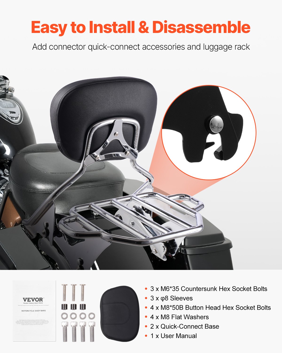 VEVOR Motorcycle Backrest Sissy Bar with Luggage Rack, Compatible with Harley-Davidson Touring Models, Street Glide Road Glide Road King, Detachable Passenger Backrest, for Motorcycles