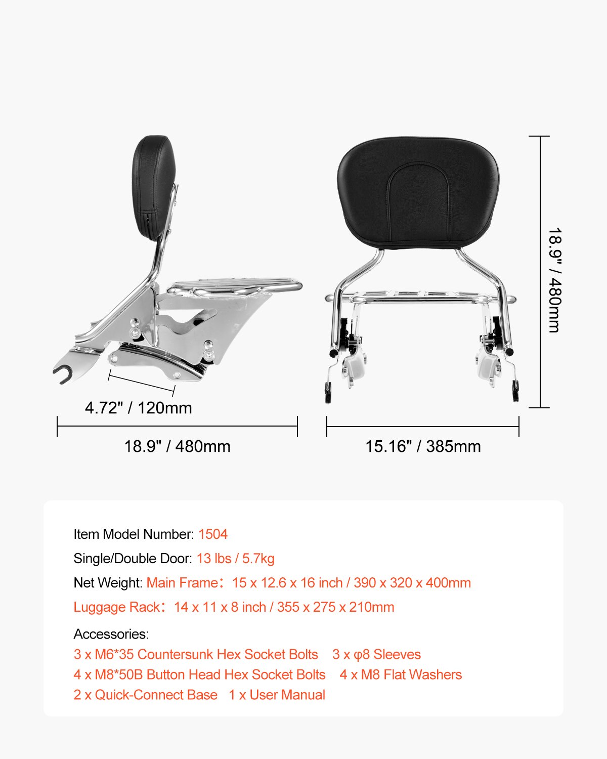 VEVOR Motorcycle Backrest Sissy Bar with Luggage Rack, Compatible with Harley-Davidson Touring Models, Street Glide Road Glide Road King, Detachable Passenger Backrest, for Motorcycles