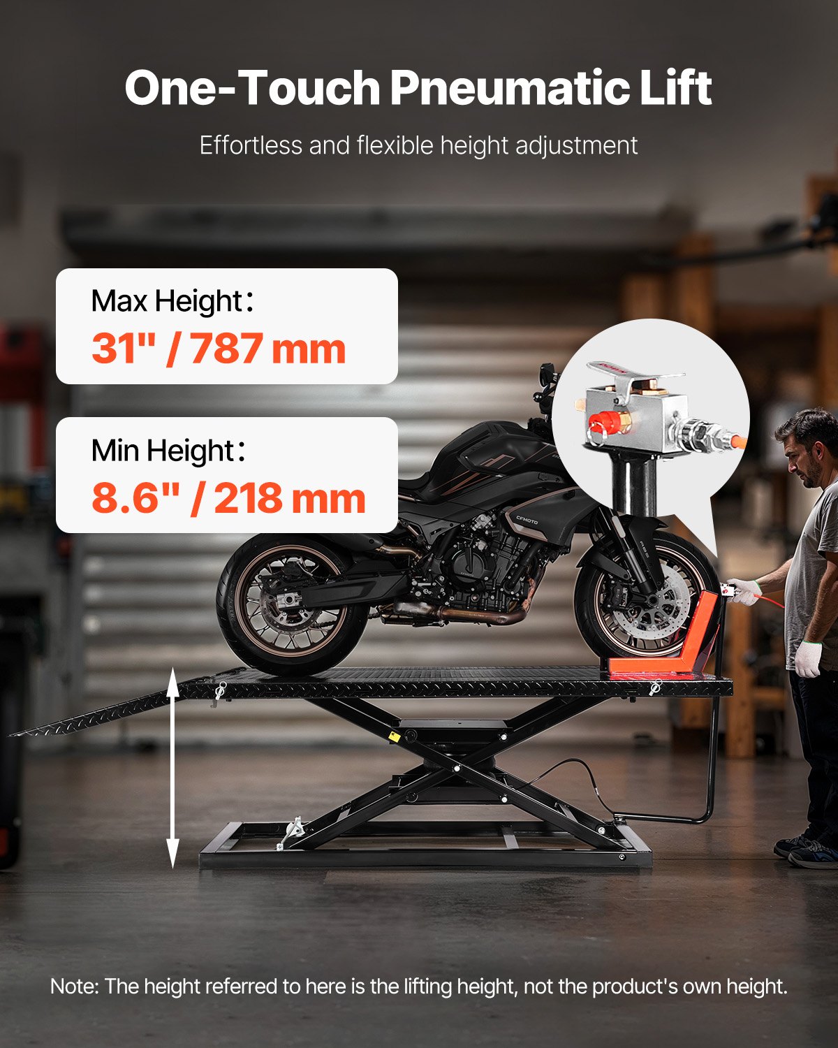 VEVOR Motorcycle Lift Table, 1500lbs Weight Capacity, Pneumatic Motorcycle Jack, 8.6-31 in Height Range, Heavy Duty Bike Repair Stand with Removable Workbench, Repair Platform for ATVs, Dirt Bike