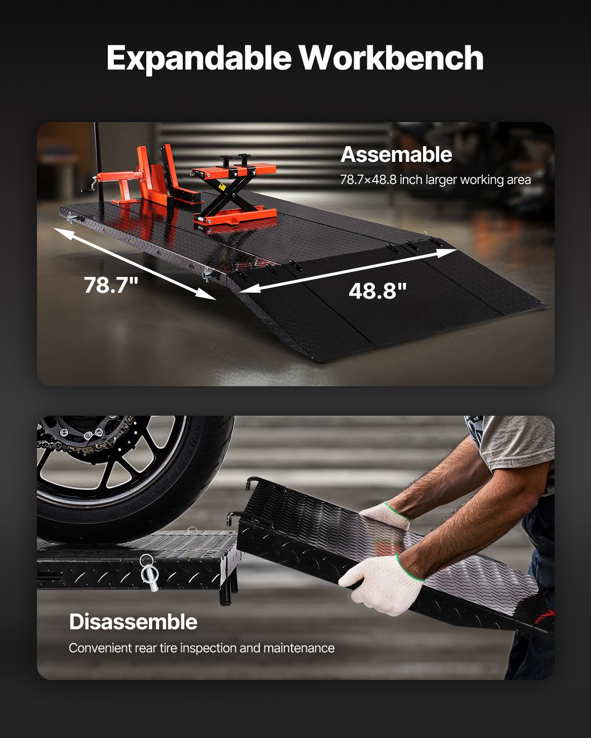VEVOR Motorcycle Lift Table, 1500lbs Weight Capacity, Pneumatic Motorcycle Jack, 8.6-31 in Height Range, Heavy Duty Bike Repair Stand with Removable Workbench, Repair Platform for ATVs, Dirt Bike