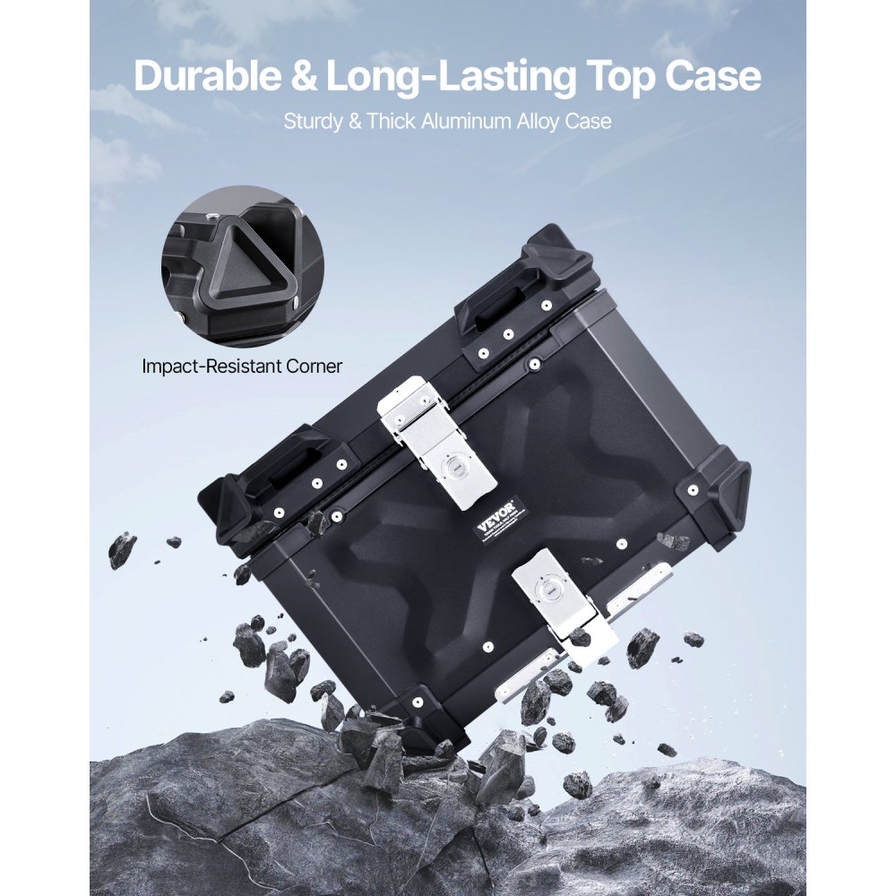 VEVOR Motorcycle Top Case, Universal Aluminum Alloy Motorbike Tail Box with Leather Lining, 55L Waterproof Detachable Motorcycle Top Box with Lock & Back Cushion, Fit for 99% of Motorcycle Frames