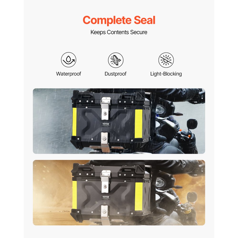 VEVOR Motorcycle Top Case, Universal Aluminum Alloy Motorbike Tail Box with Leather Lining, 55L Waterproof Detachable Motorcycle Top Box with Lock & Back Cushion, Fit for 99% of Motorcycle Frames