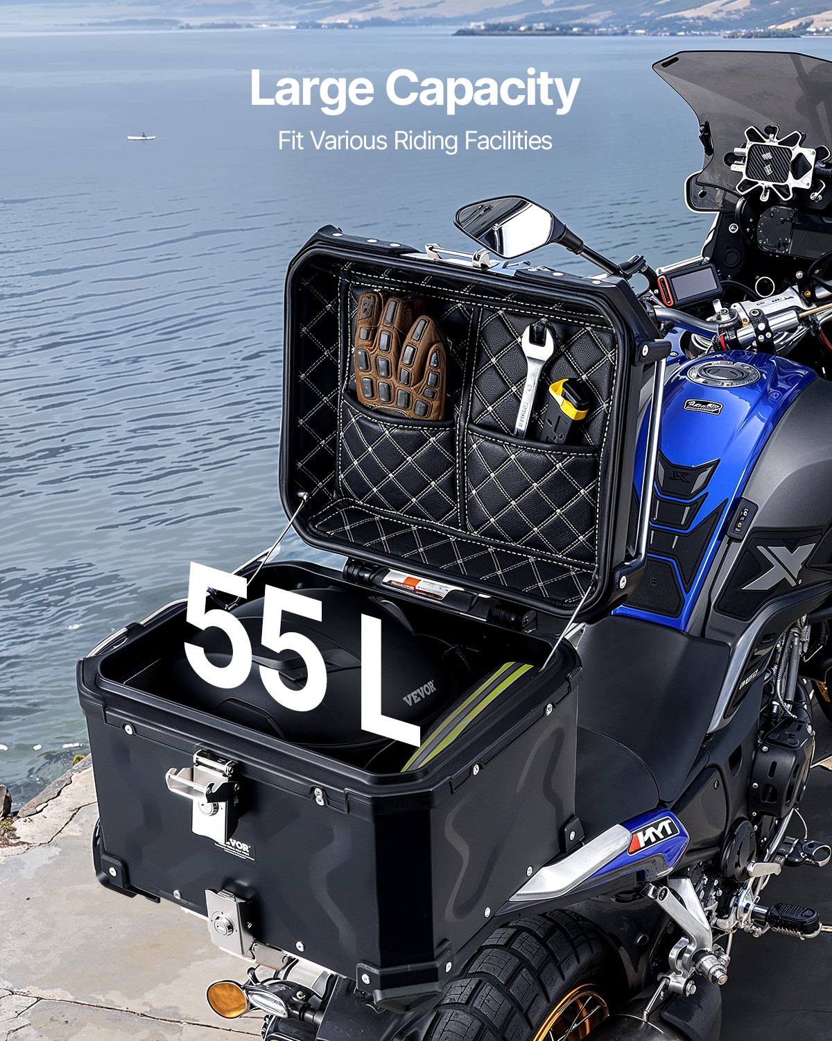 VEVOR Motorcycle Top Case, Universal Aluminum Alloy Motorbike Tail Box with Leather Lining, 55L Waterproof Detachable Motorcycle Top Box with Lock & Back Cushion, Fit for 99% of Motorcycle Frames