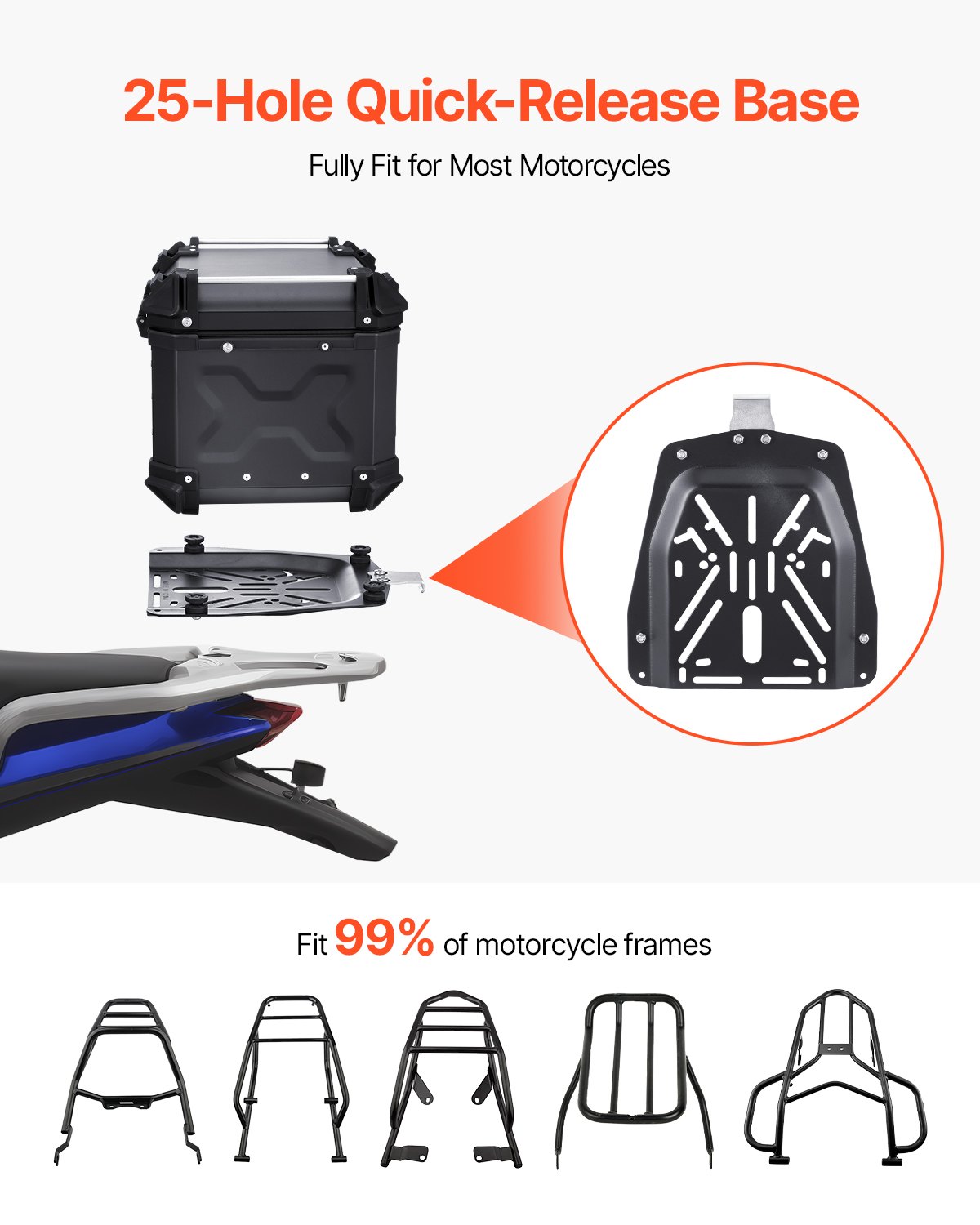 VEVOR Motorcycle Top Case, Universal Aluminum Alloy Motorbike Tail Box with Leather Lining, 55L Waterproof Detachable Motorcycle Top Box with Lock & Back Cushion, Fit for 99% of Motorcycle Frames