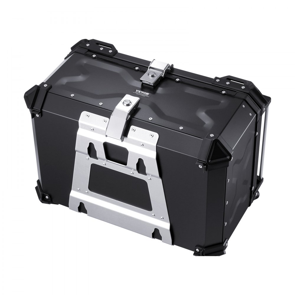 VEVOR Motorcycle Top Case, Universal Aluminum Alloy Motorbike Tail Box with Leather Lining, 65L Waterproof Detachable Motorcycle Top Box with Lock & Back Cushion, Fit for 99% of Motorcycle Frames