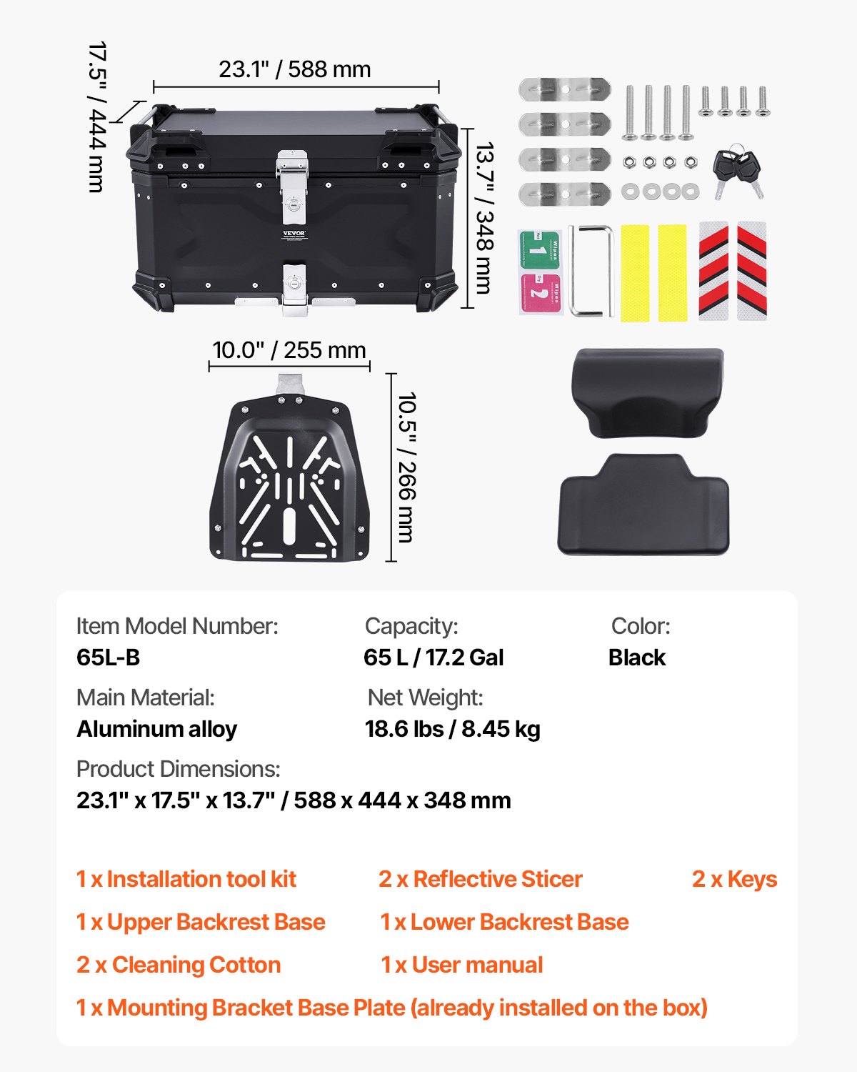 VEVOR Motorcycle Top Case, Universal Aluminum Alloy Motorbike Tail Box with Leather Lining, 65L Waterproof Detachable Motorcycle Top Box with Lock & Back Cushion, Fit for 99% of Motorcycle Frames