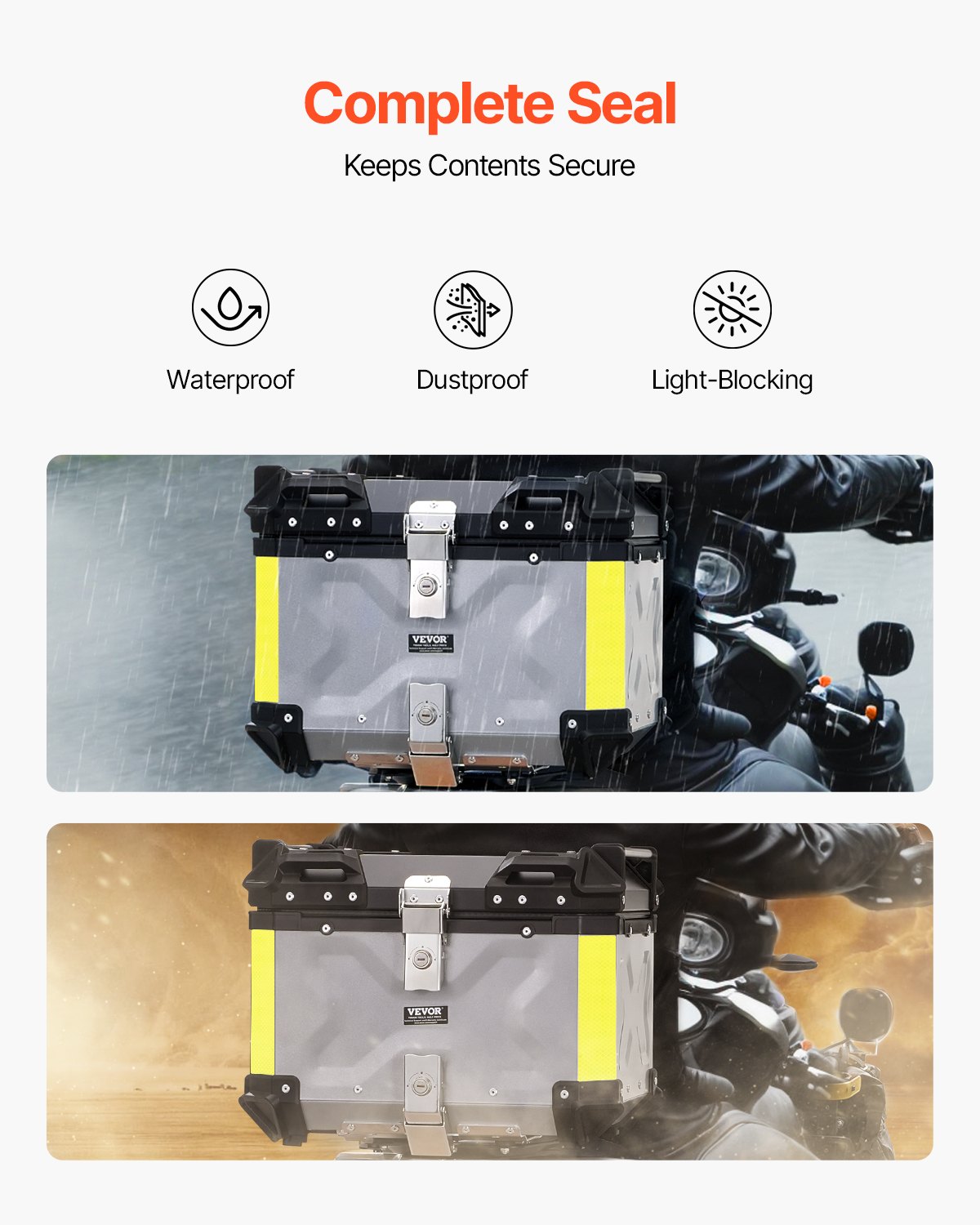 VEVOR Motorcycle Top Case, Universal Aluminum Alloy Motorbike Tail Box with Leather Lining, 45L Waterproof Detachable Motorcycle Top Box with Lock & Back Cushion, Fit for 99% of Motorcycle Frames