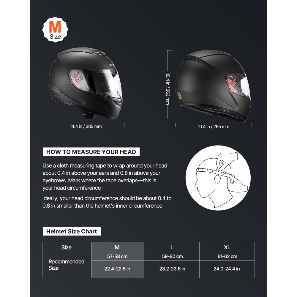 VEVOR Motorcycle Helmet, Full Face, Adult Motocross Dirt Bike Helmet with Tinted and Clear Dual Visor, Motorbike Racing Street with Detachable Liner for Men & Women, DOT Approved, (Matte Black, M)