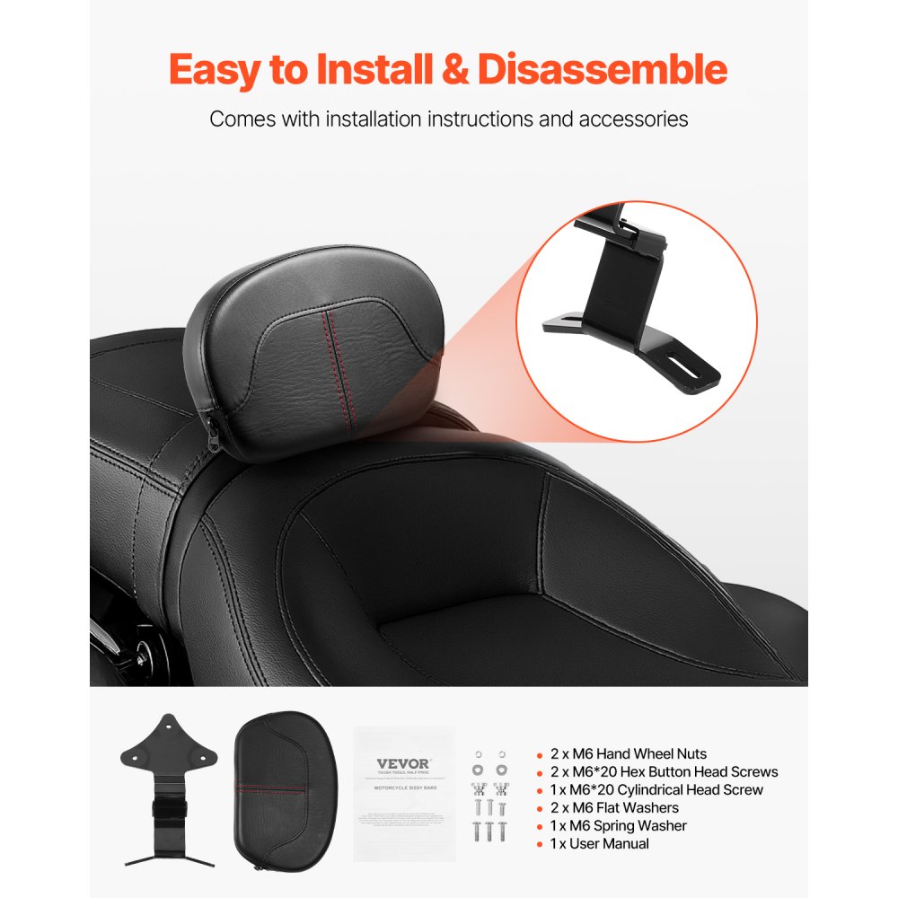 Motorcycle Backrest Sissy Bar, Compatible with Harley-Davidson Touring Street Glide, Road Glide, and Road King, 12.2-Inch Height Detachable Rider Backrest, Black