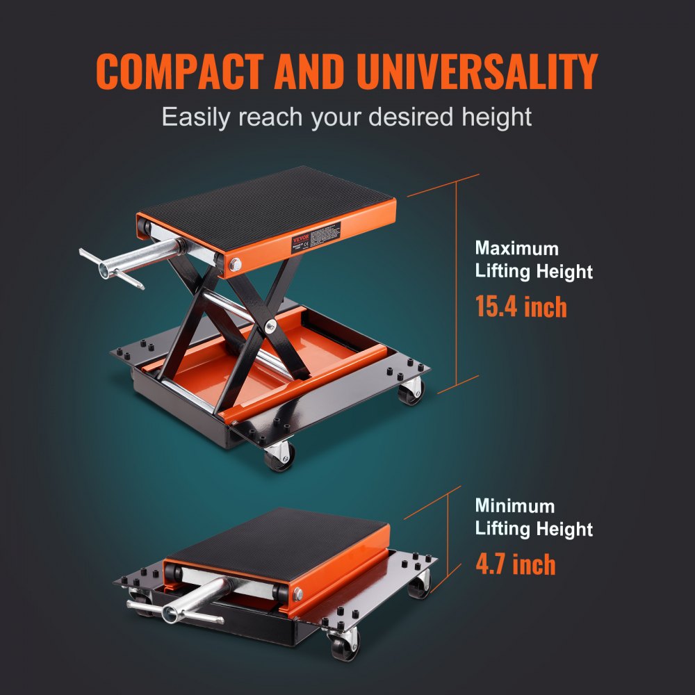 VEVOR motorcycle lift showcasing maximum 15.4 inches and minimum 4.7 inches lifting heights. compact design.