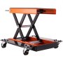 VEVOR motorcycle lift, orange and black, scissor lift with caster wheels for mobility and stability.