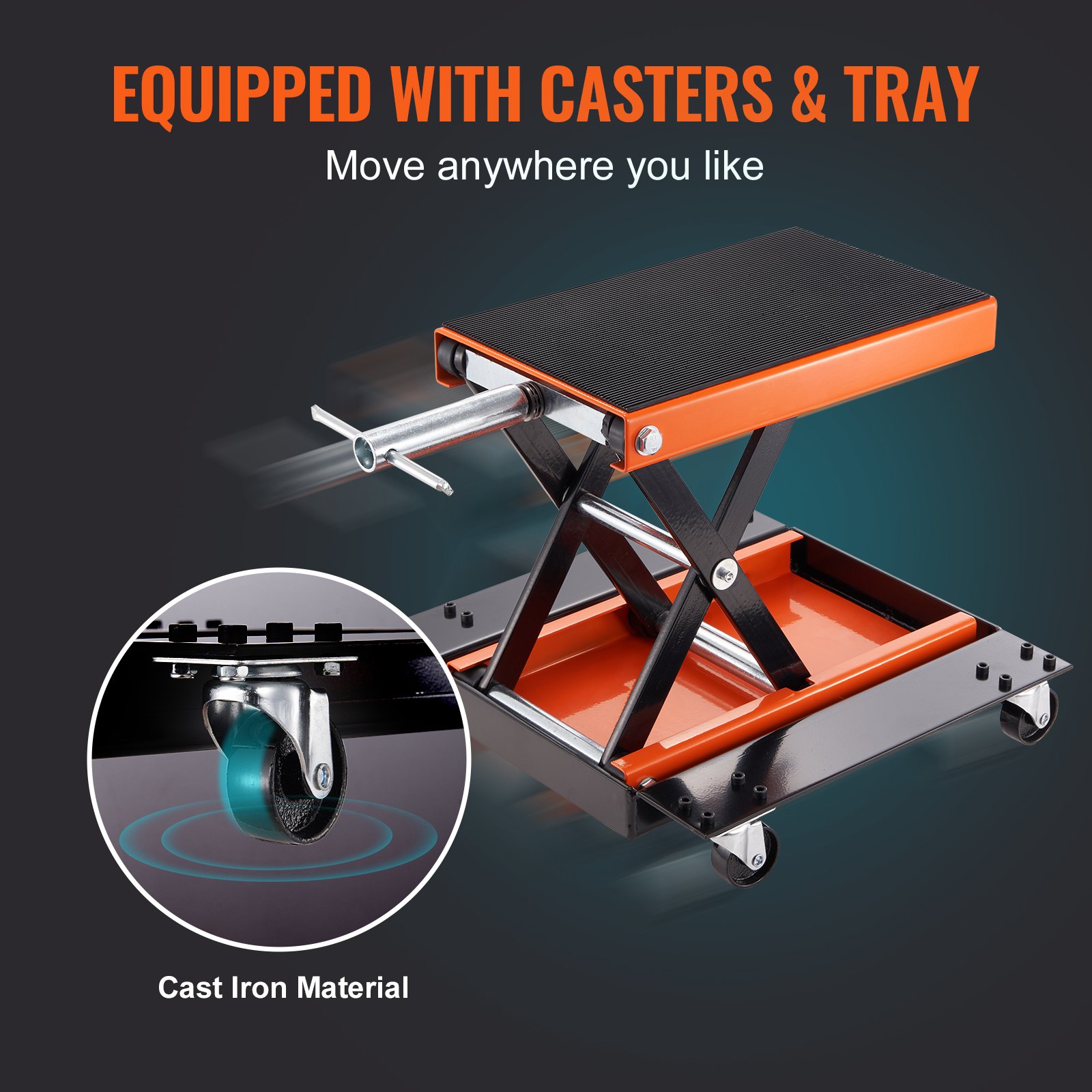 VEVOR motorcycle lift with casters and tray, easily movable, built from cast iron material.
