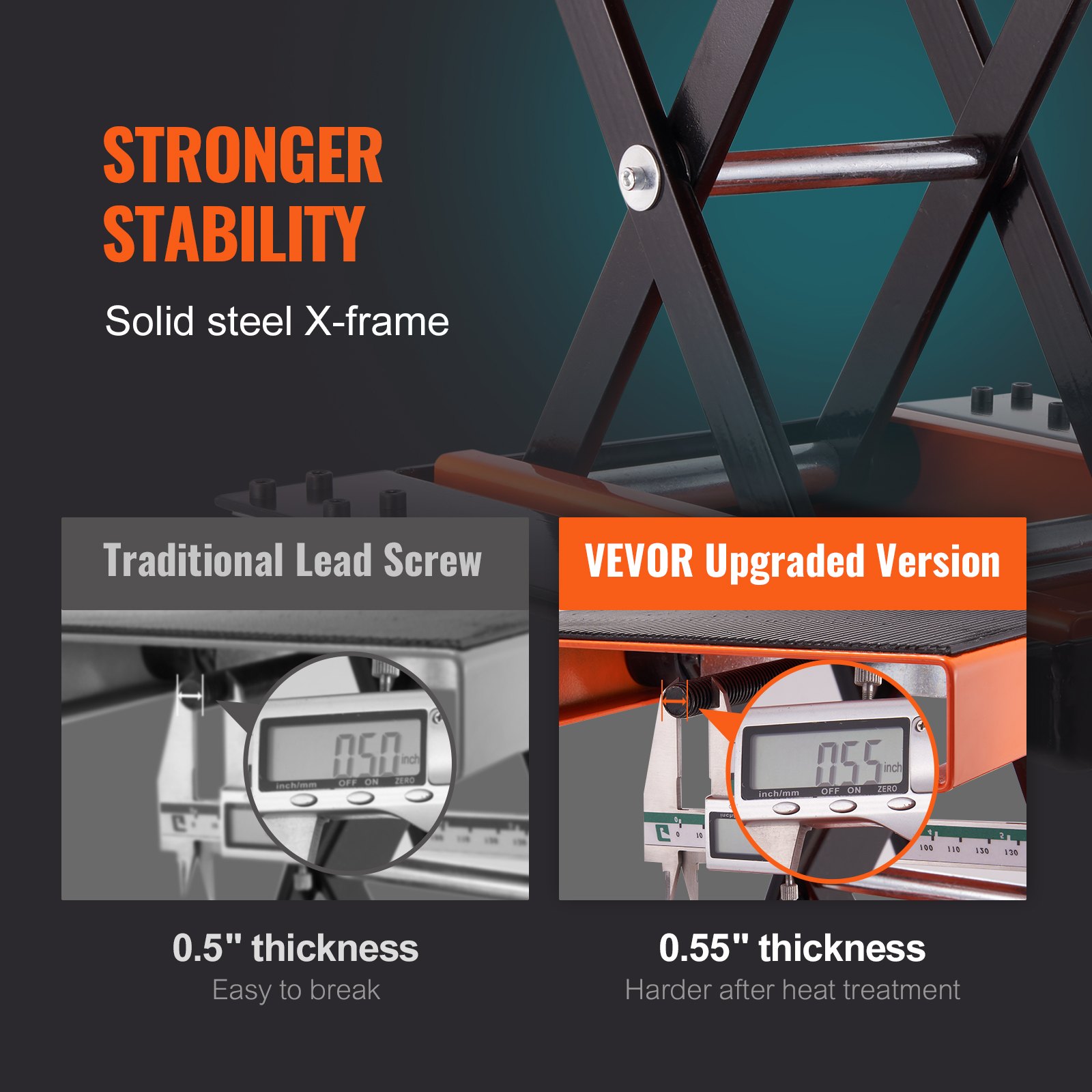 VEVOR motorcycle lift features a solid steel x-frame for stronger stability and an upgraded lead screw.