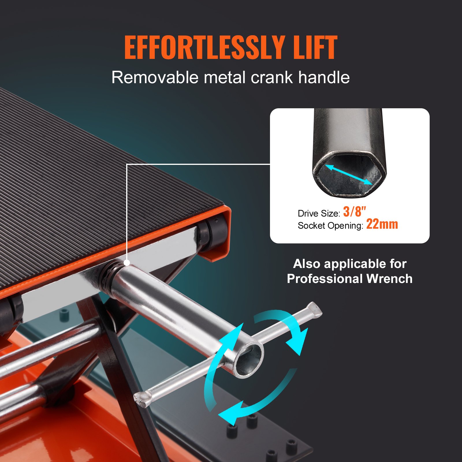 VEVOR motorcycle lift with removable crank handle and socket size 3/8&quot;, 22mm opening for pro wrench.