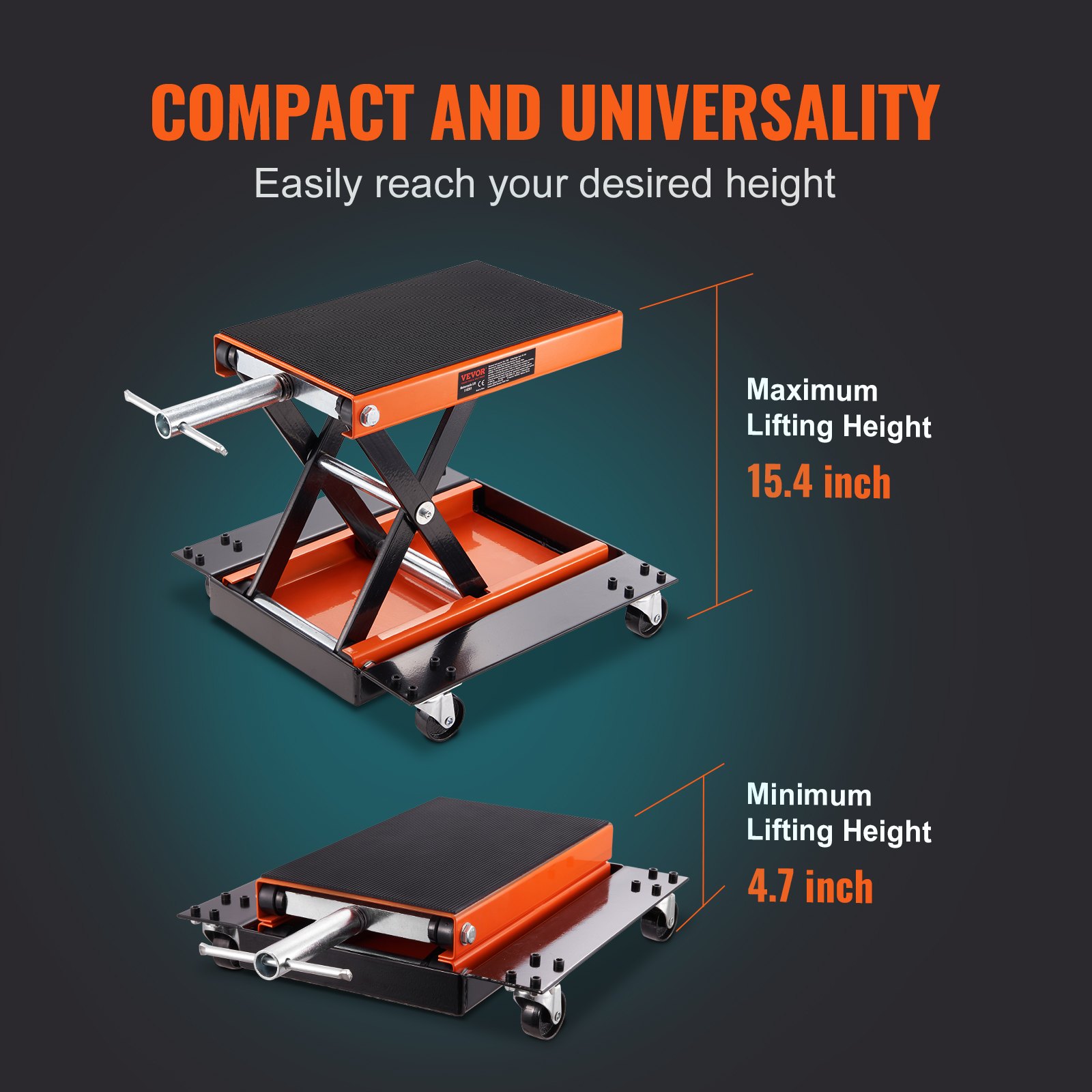 VEVOR motorcycle lift showcasing maximum 15.4 inches and minimum 4.7 inches lifting heights. compact design.