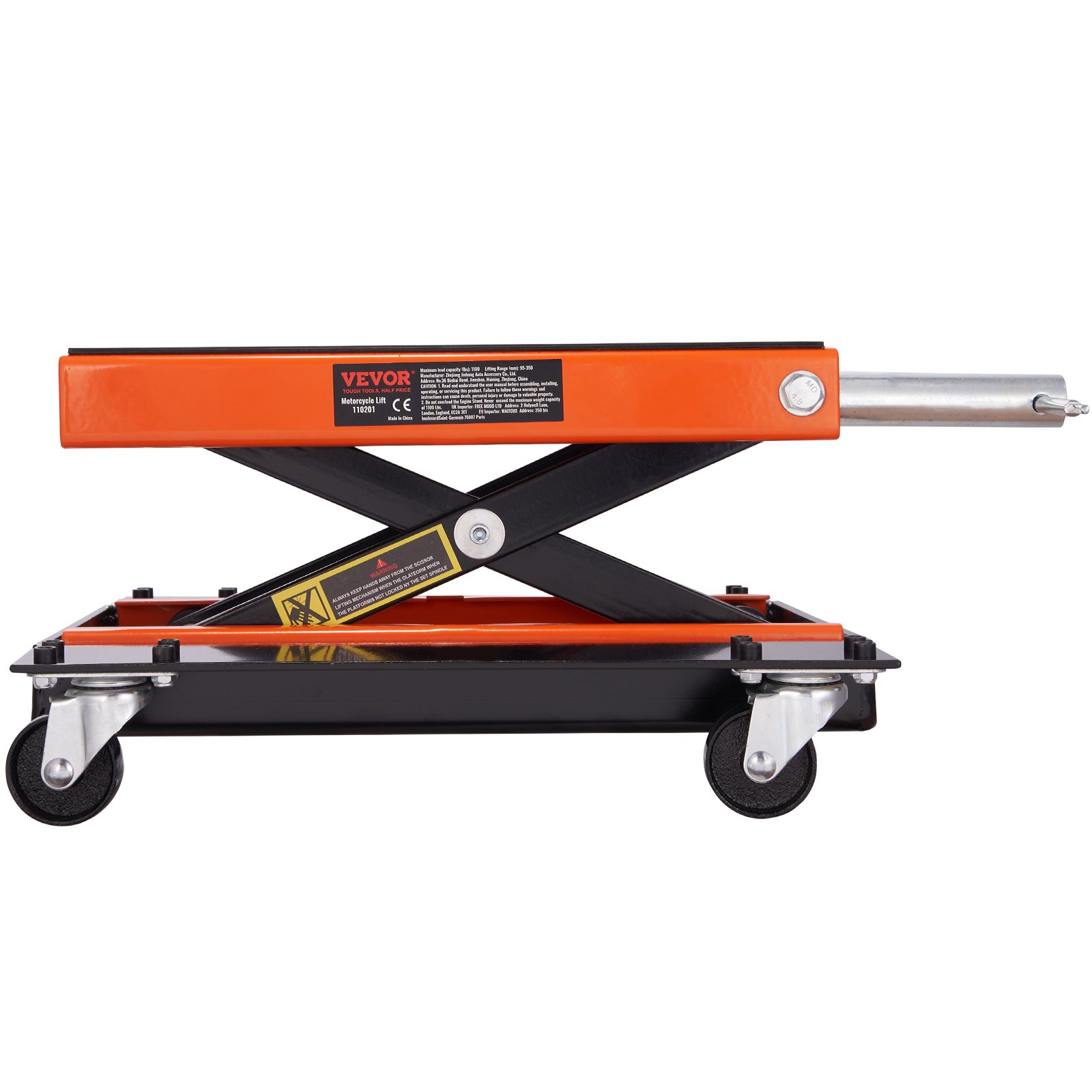 VEVOR motorcycle lift with orange and black scissor frame, caster wheels, and adjustable platform.