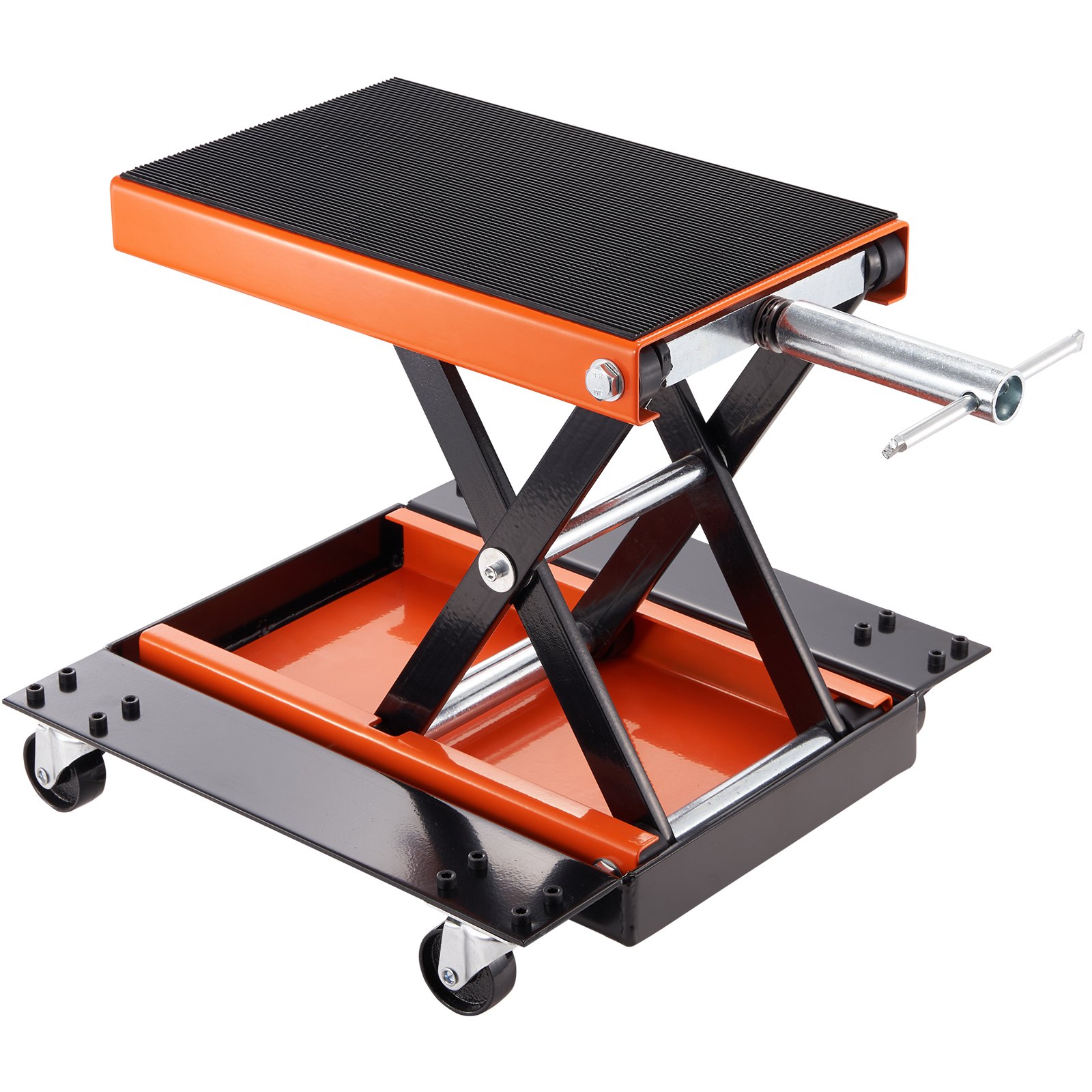 VEVOR motorcycle lift with scissor design, black and orange colors, and caster wheels for mobility.