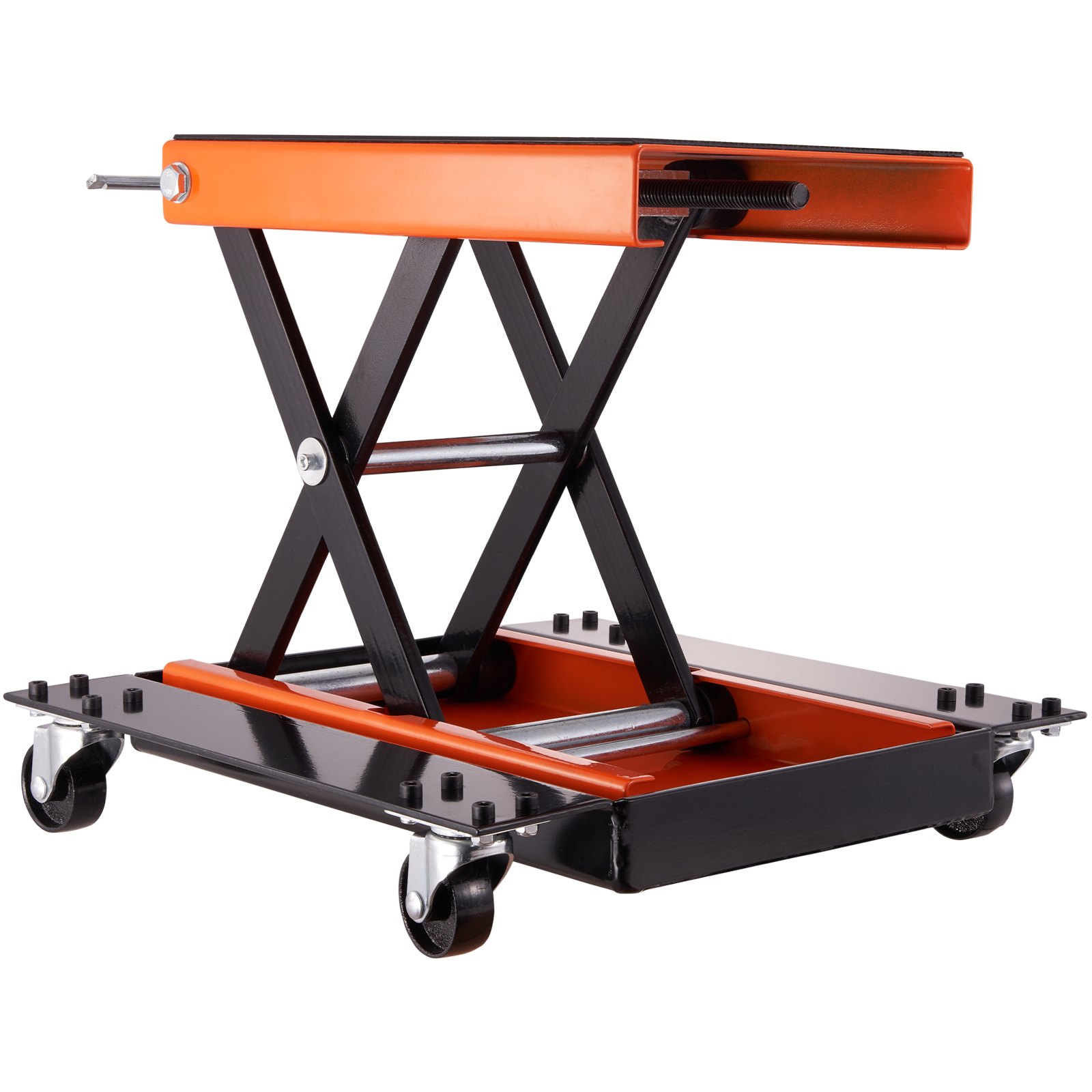 VEVOR motorcycle lift, orange and black, scissor lift with caster wheels for mobility and stability.
