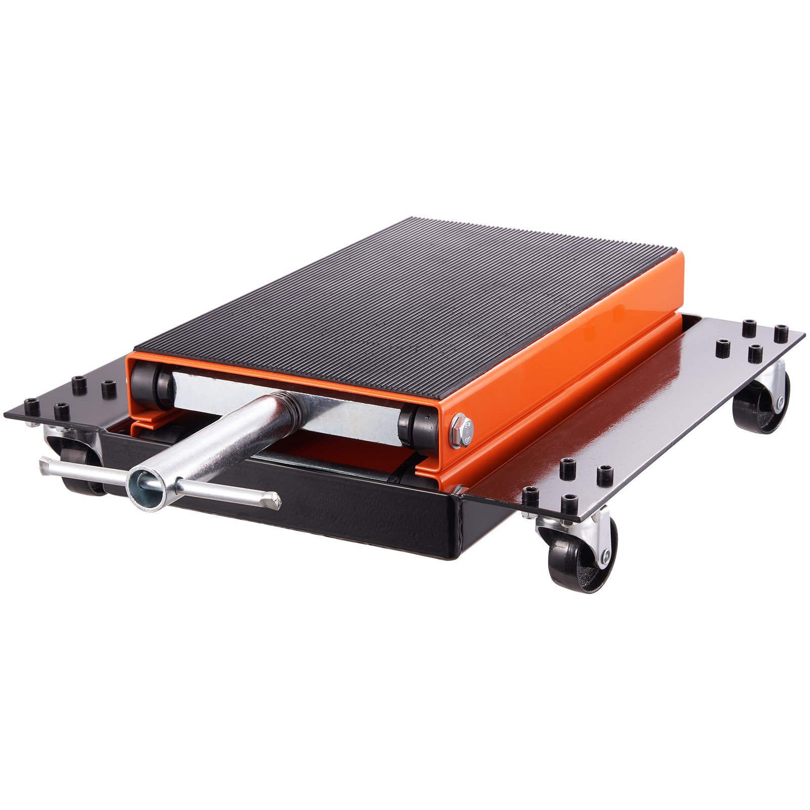 VEVOR motorcycle lift with orange and black design, metal handle, and caster wheels for easy movement.