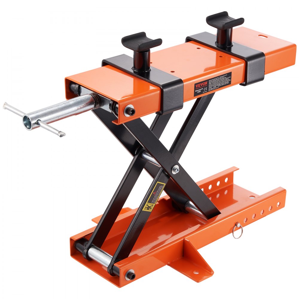 orange VEVOR motorcycle lift with adjustable supports and sturdy steel frame.